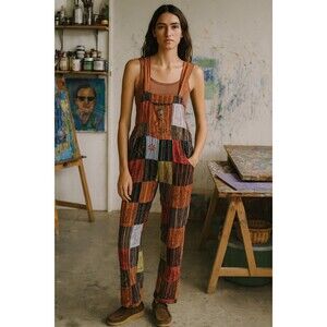 Shop Therapy Overalls Jumpsuit Mushrooms Patchwork Hippie Boho Cotton Sz S/M